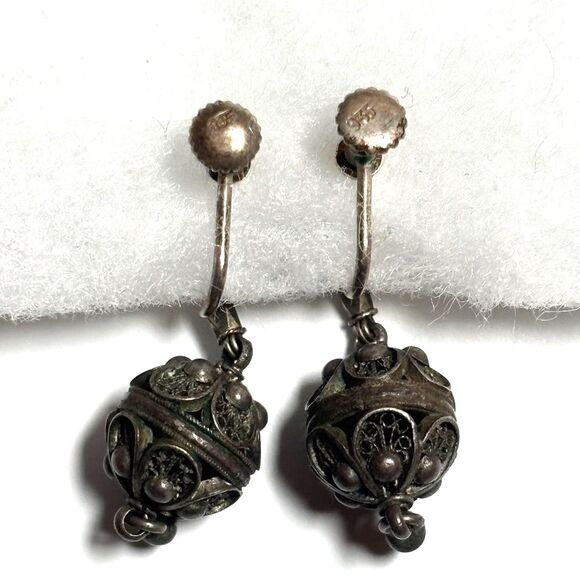 Vintage Silver Screw Back Earring Set of 3 Sterling, 935, Mahogany Obsidian - Picture 3 of 10